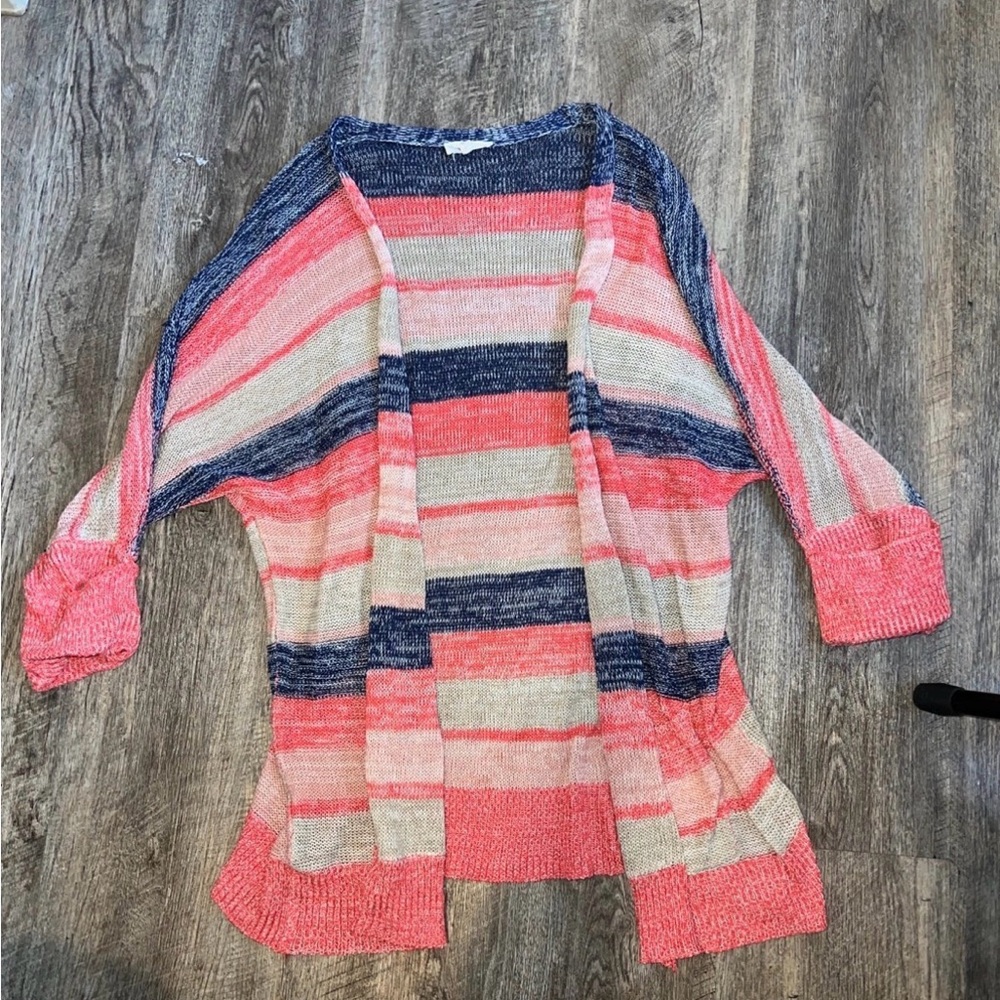 Hem & Thread Coral and Navy Striped Cardigan